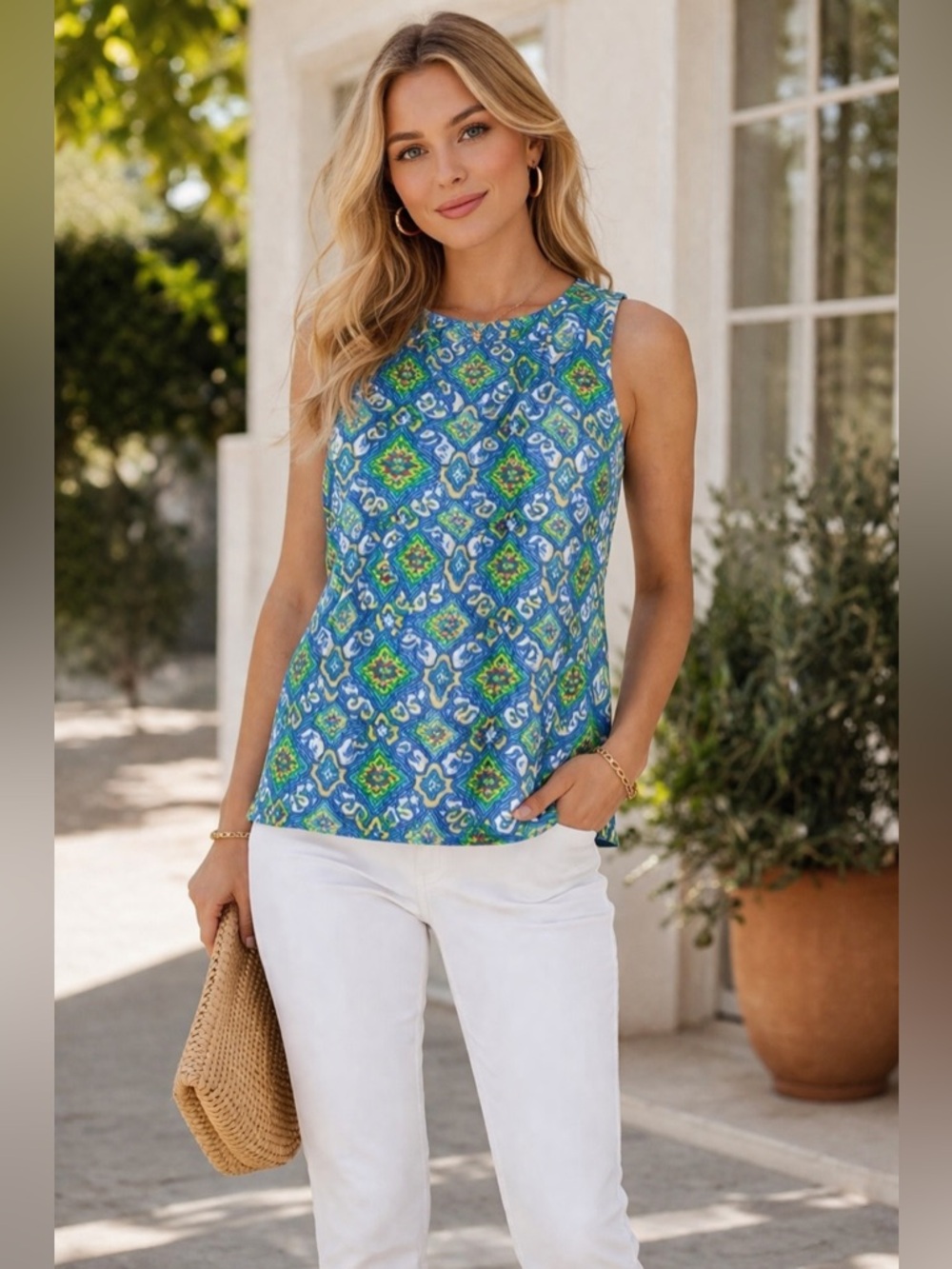TALBOTS Blue and Green Patterned Women's Top - Picture 6 of 6